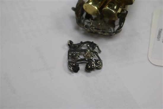 A Tunbridge Ware box with Eridge Castle cover containing two inkwells and sundry items